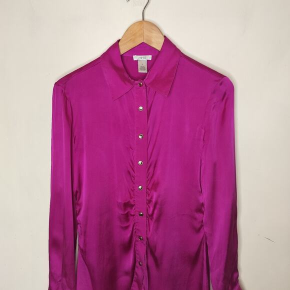 Cache Silk Blouse Button Up Stretch Ruched Long Sleeve - Picture 2 of 8